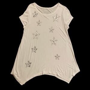 Loose Fitting White & Silver Sequin Embroidered Stars Shirt (M)